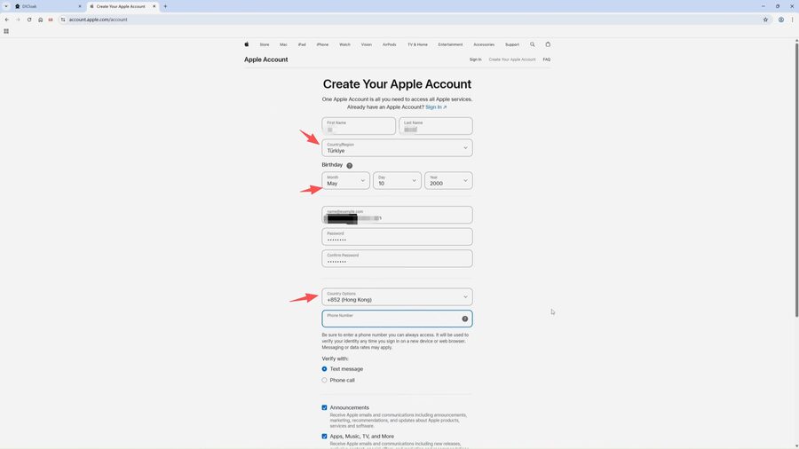 *[Apple ID 注册页面的信息填写截图，高亮国家/地区和出生日期栏]*